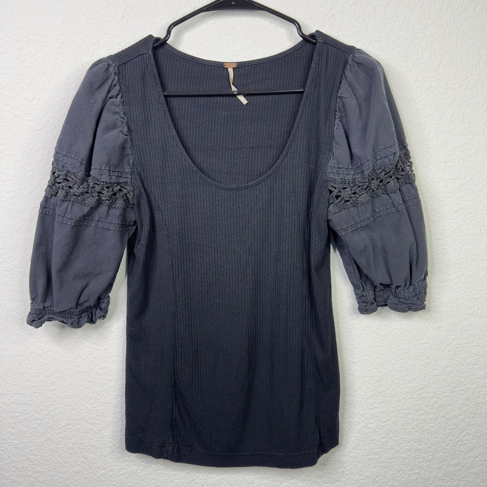 Free People Shirt S Black Ribbed Puff Sleeve Crochet Lace Romantic Goth Boho - Picture 1 of 8